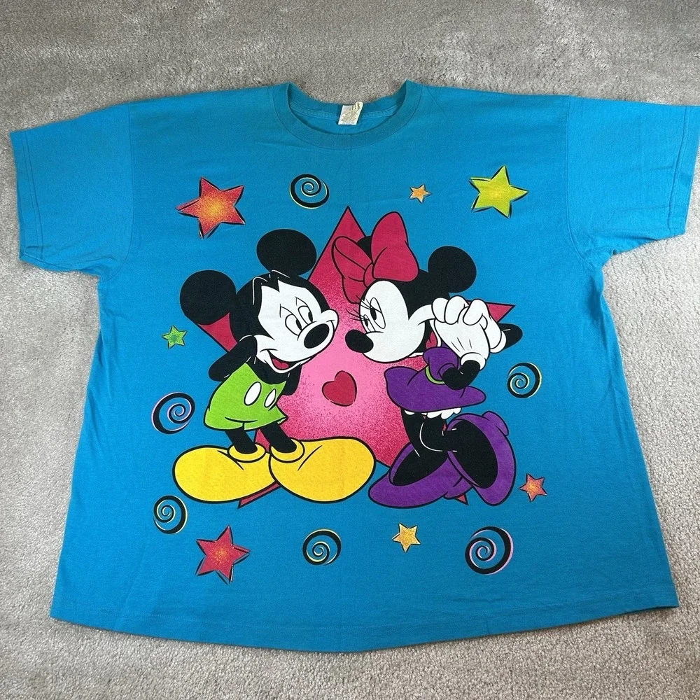Vintage 90s Mickey And Minnie Mouse Walt Disney Big Graphic T-Shirt Size XL Blue